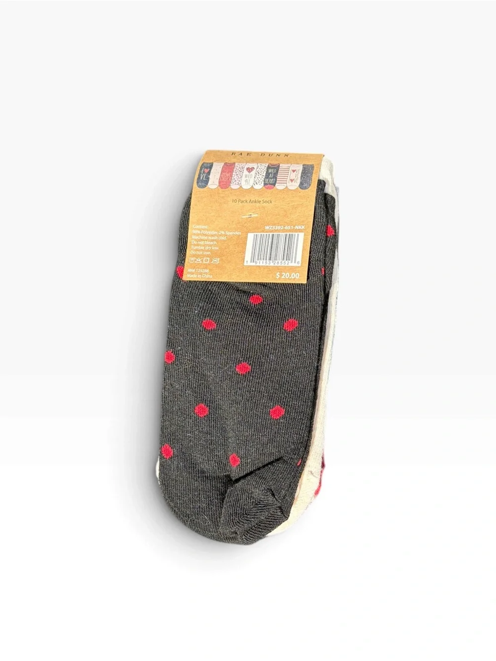 Rae Dunn Red Pink Black 'Love' Heart Polka Dot 10 Pack Valentine’s Ankle Socks